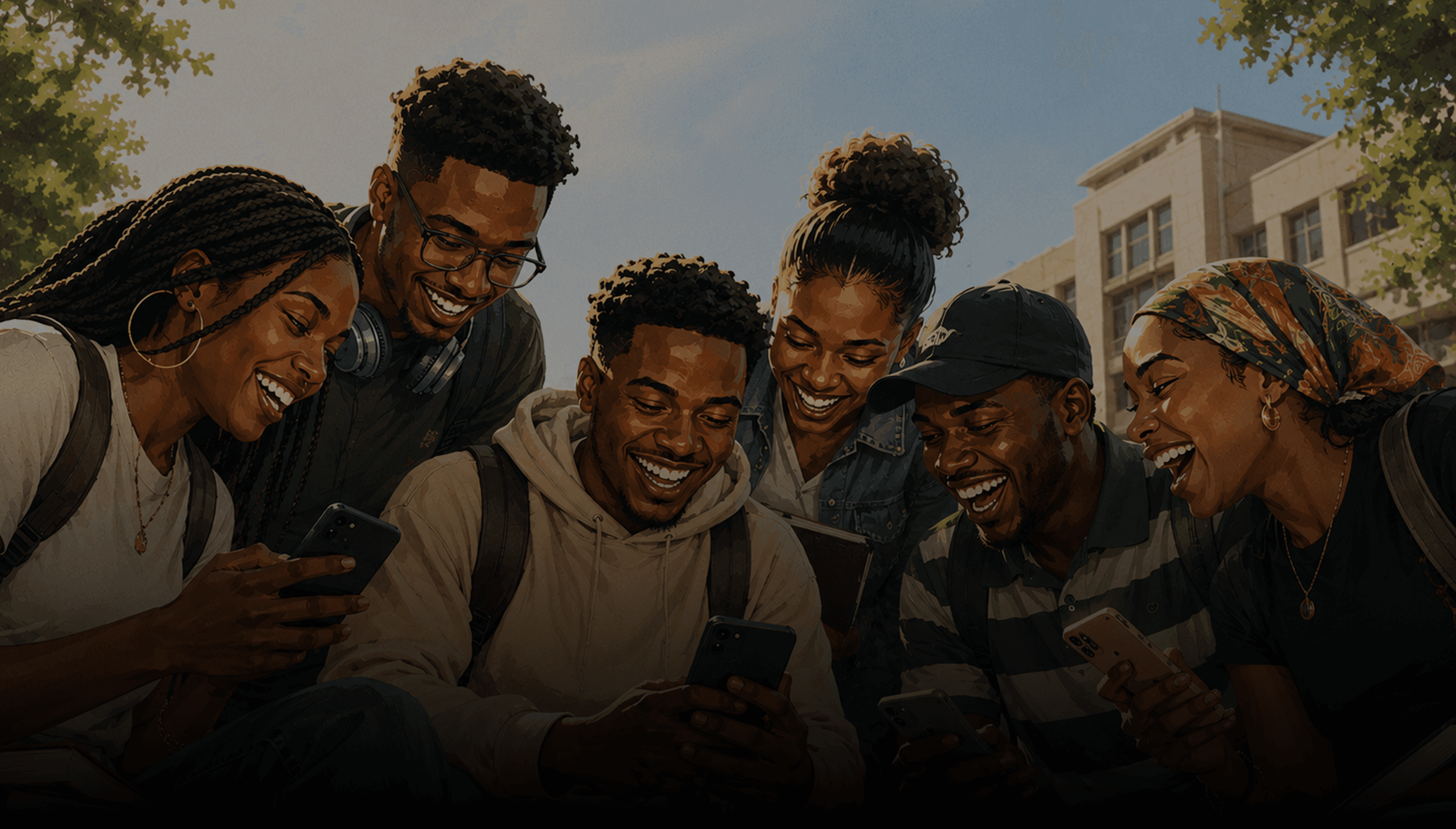 Students standing together and using smartphones